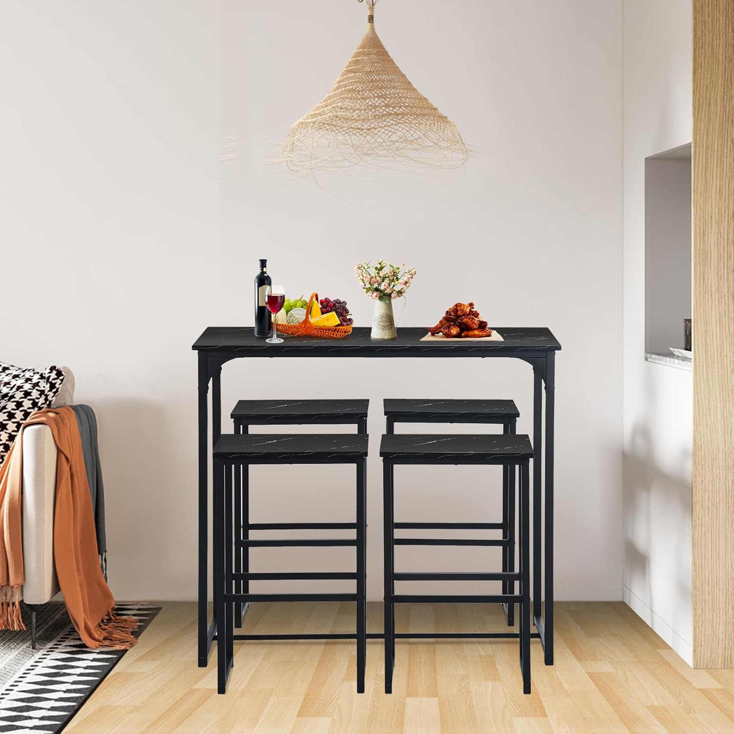 Bartisch mit Barhocker Set, Bartisch Küche mit 4 Stools, Industriestil, Bartisch 100×50×90 cm, 4 Barhocker 30×40×65 cm(Schwarz)