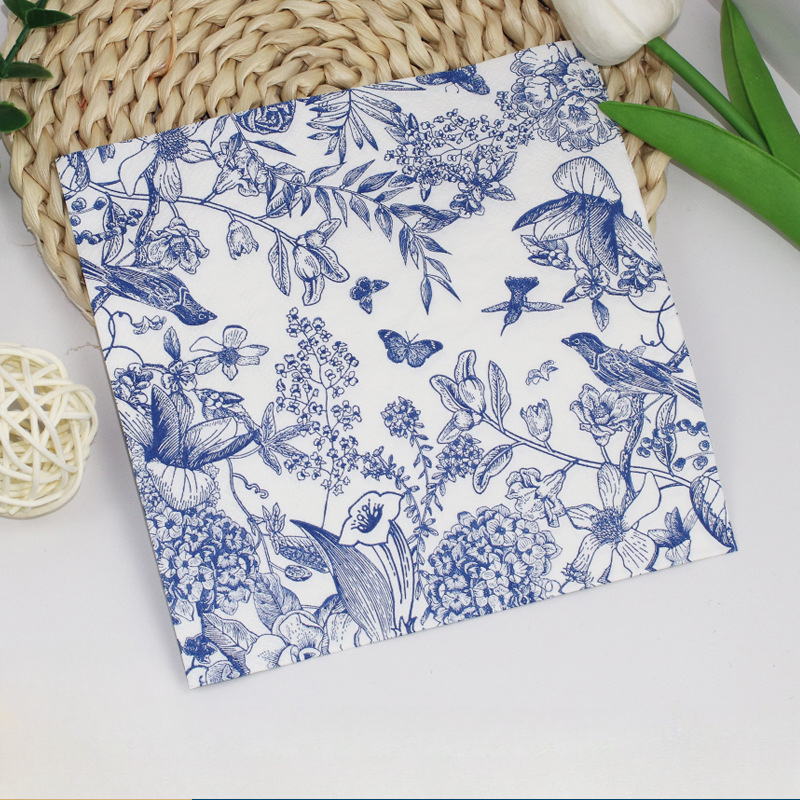 10/20pcs 33cm 2-Ply Sketch Flower and Bird Printed Drawing Paper Celadon Blue Ink Printed Square Tissue Paper DIY Decoupage