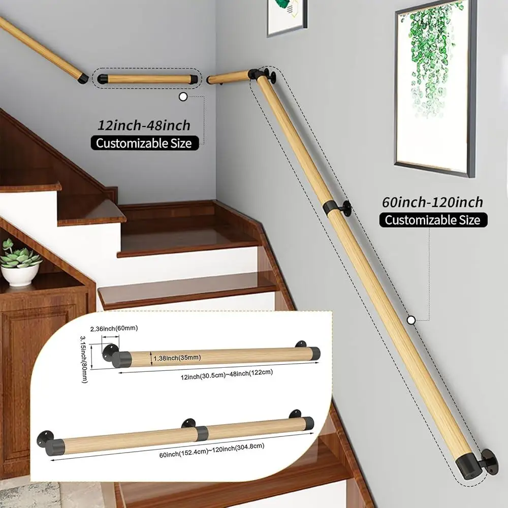 3FT Wooden Safety Handrail Sturdy Wall-Mount Support Non-Slip Elderly Children Easy Installation Indoor Outdoor Use