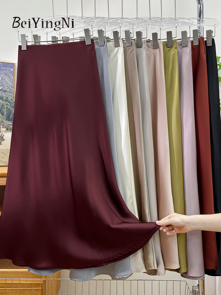 Beiyingni Elegante Satijnen Hoge Taille Rokken Vrouwen Elegante Luxe Koreaanse Lange Maxi Zeemeermin Rok Casual Kantoor Dames A-lijn Faldas
