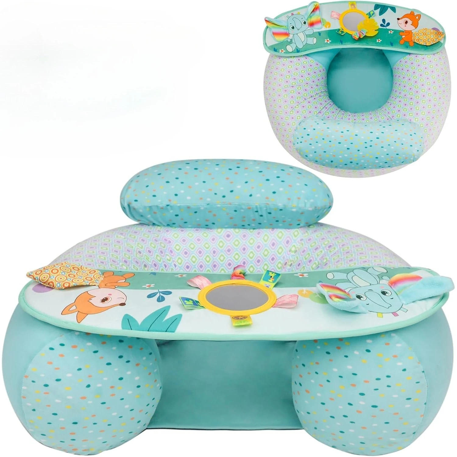 Assento de bebê inflável para sentar com bandeja de brinquedo sensorial, suporte traseiro para criança, sofá de pelúcia macio, cadeira de bebê, animal fofo
