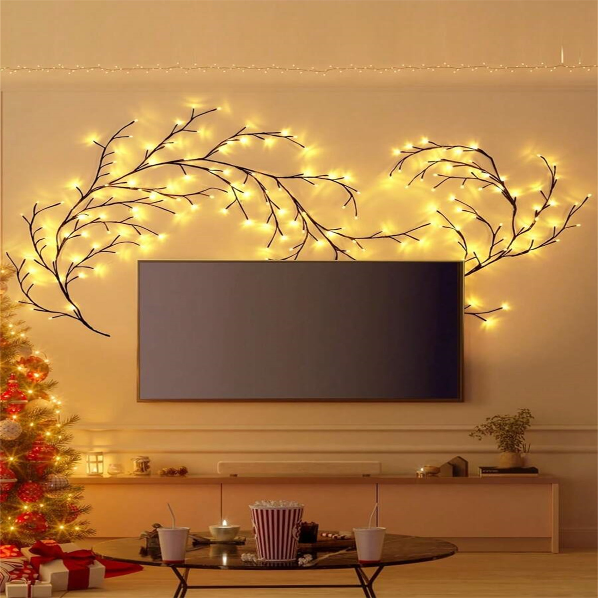 1 peça 96 led usb ramo de árvore luzes de rattan 8 modos lâmpada de corda colorida para decoração de quarto de casamento