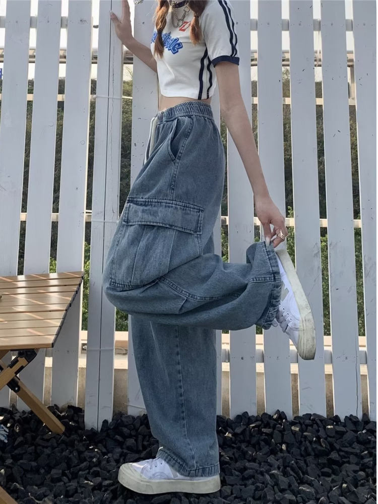 Vaqueros de pierna recta de estilo Retro para mujer, diseño de nicho, pantalones de pierna ancha sueltos y con múltiples bolsillos para pantalones vaqueros de mujer