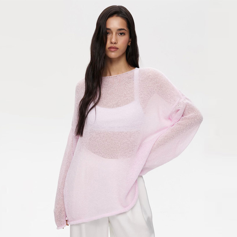 MSCSZ 赤長袖特大セーター女性透明ニットセーター 2025 春秋の居心地の良いセータープルオーバートップス