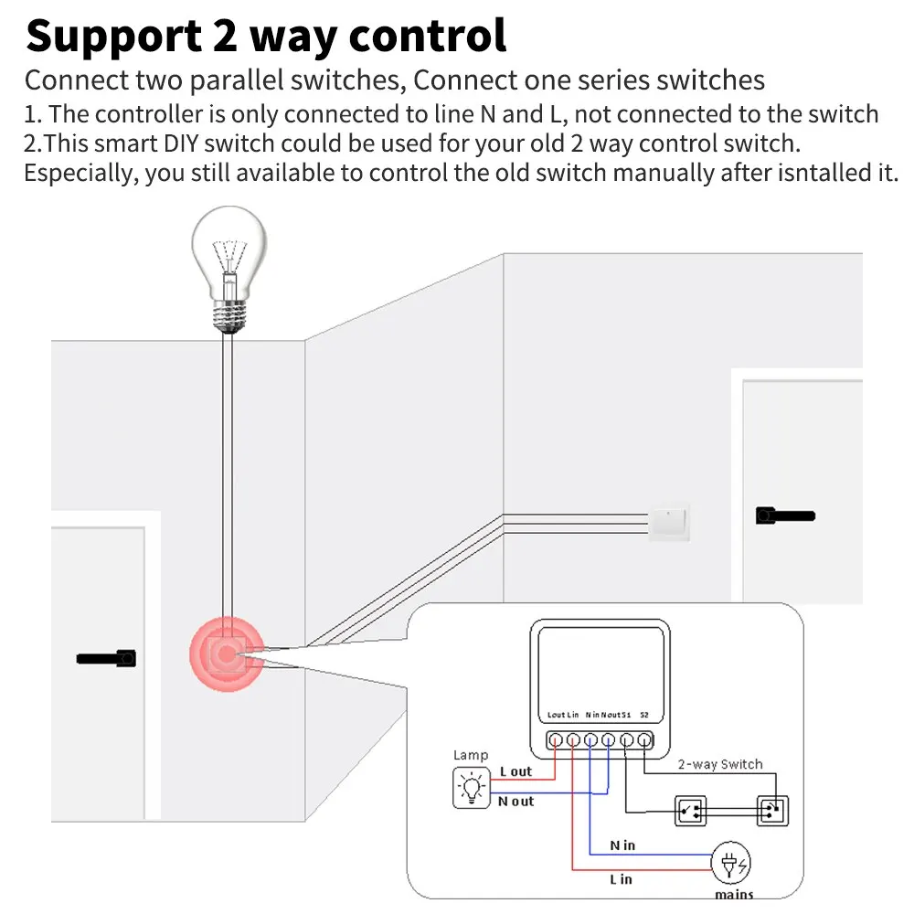 Interruptor WiFi inteligente Tuya de 16A, compatible con interruptores bidireccionales DIY, Mini interruptor inteligente, Control de vida inteligente, compatible con Alexa y Google Alice