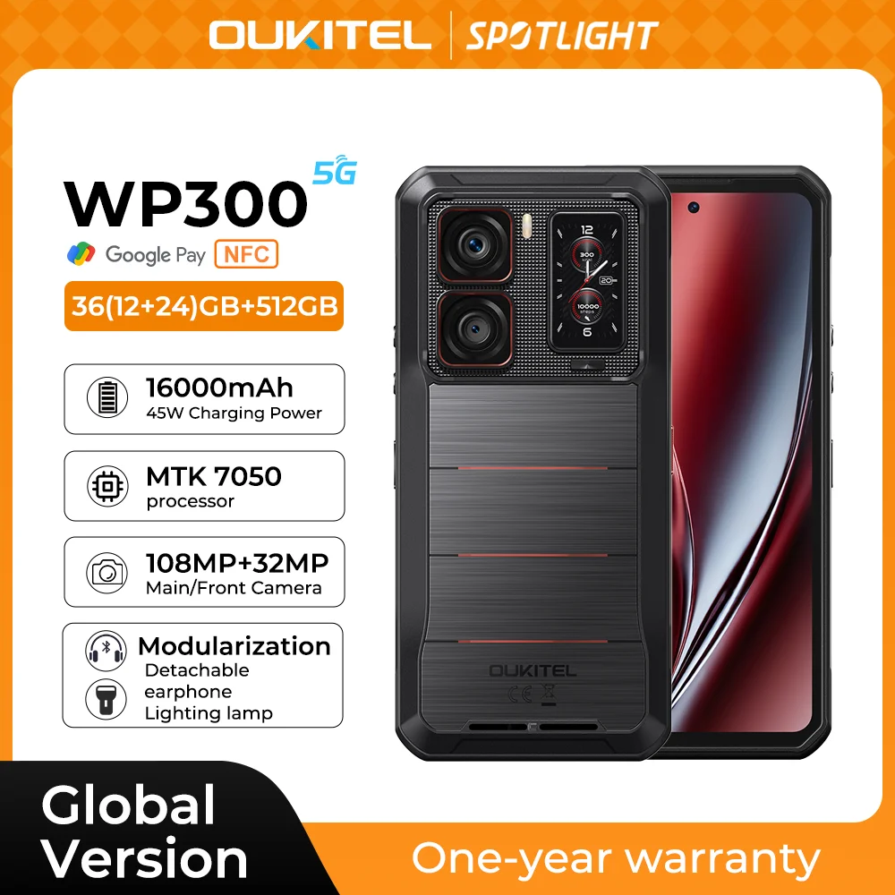 Oukitel WP300 teléfono resistente 16000mAh 36GB(12 + 24)GB + 512GB auricular desmontable Modular/luz de camping 6,78 "FHD 120Hz 108MP celular pho