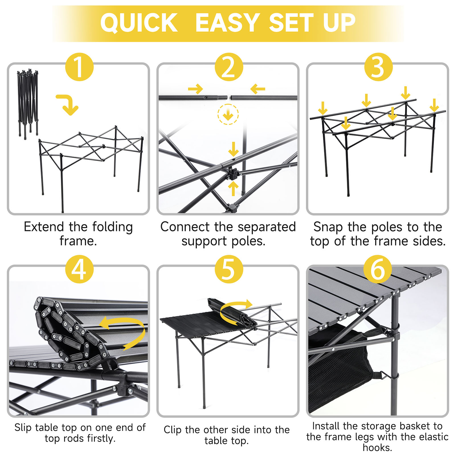 Table longue pliante d'extérieur, rangement Portable, bureau de Camping noir, Table de Barbecue, pique-nique, pêche, facile à installer avec sac en filet