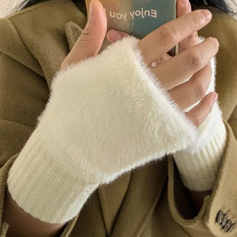 Mink Fleece Soft Half Finger Gloves | Winter Warm Knitted Gloves | Women Solid White Plush Fingerless Wrist Mittens Writting