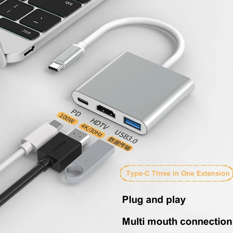 Hub USB-C 3 w 1 z HDMI 4K, adapter typu C, stacja dokująca, konwerter do laptopa/telefonu, urządzenie do łączenia