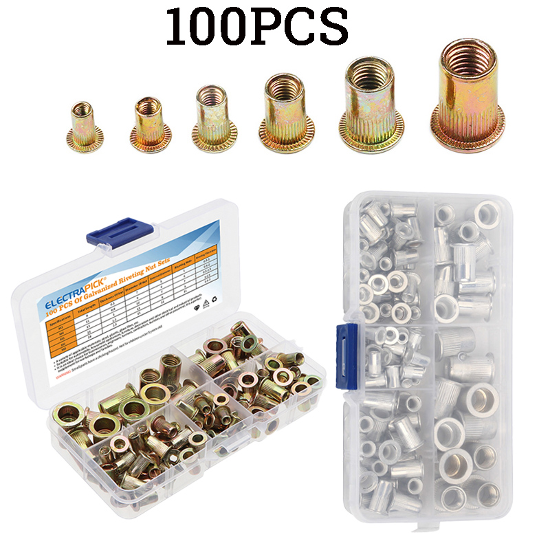 100 pces de aço carbono/alumínio rebite porcas kit m3 m4 m5 m6 m8 plana cabeça escareada rosca rebite inserção tampa nutsert porcas rebite