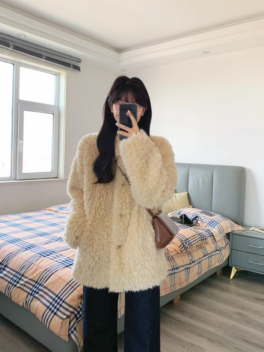 Trendy Winter Women's Long Thickened Sheepskin Coat Korean Sle Loose Fur Outerwear Mid-Length Integrated Leather Coat