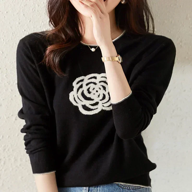 Neue Frühling Und Herbst Neue frauen Rundhals Kontrast Farbe Kammgarn Wolle Gestrickte Pullover Elegante Und Modische Jacquard Typ