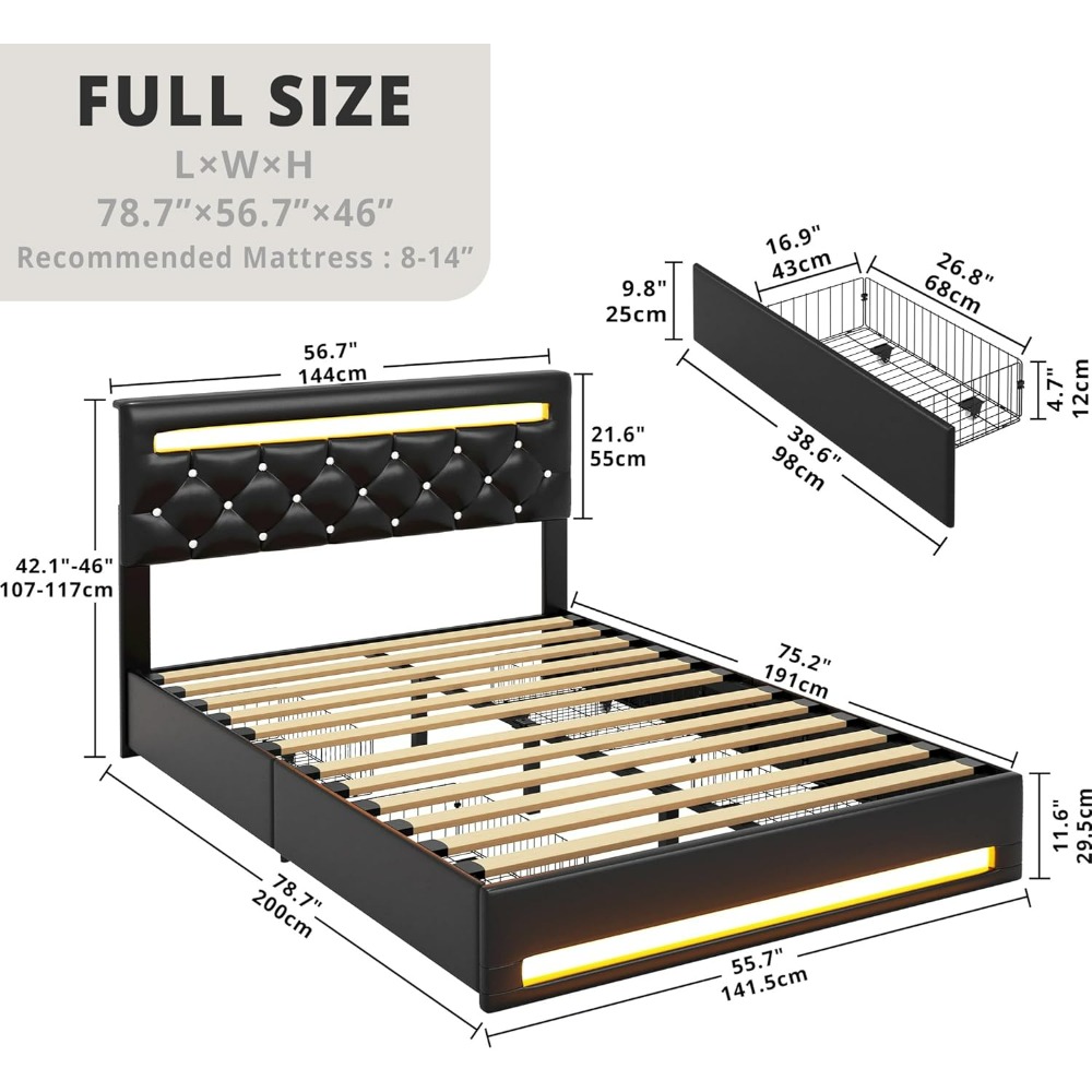 Full Size Bed Frame with LED Light, 4 Drawers, Adjustable Crystal Button Tufted Headboard, PU Leather Platform Bed Frame