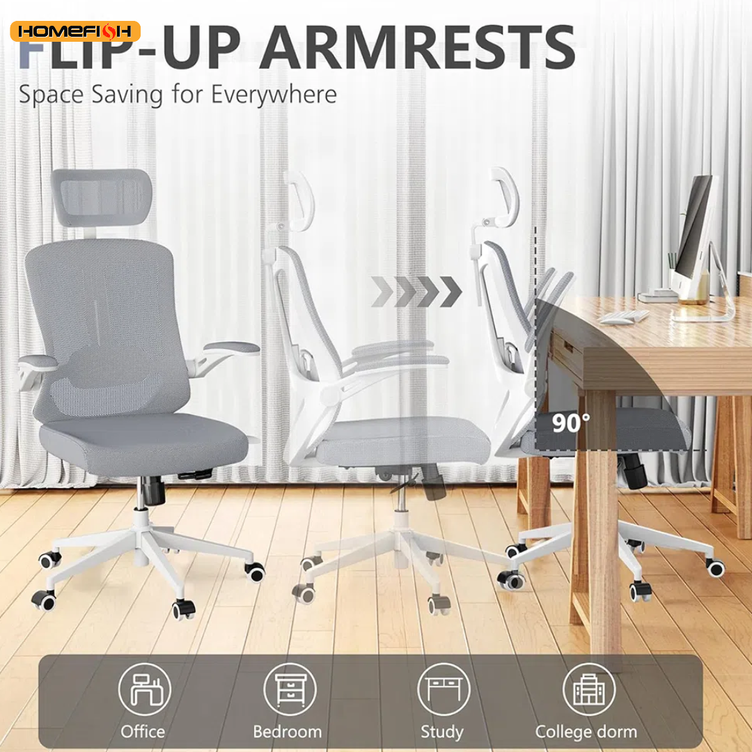 Computer Desk Chair 330.7lb Load Capacity 90 Degree Rotating Armrests Breathable  Chair with 5 Wheels for Home