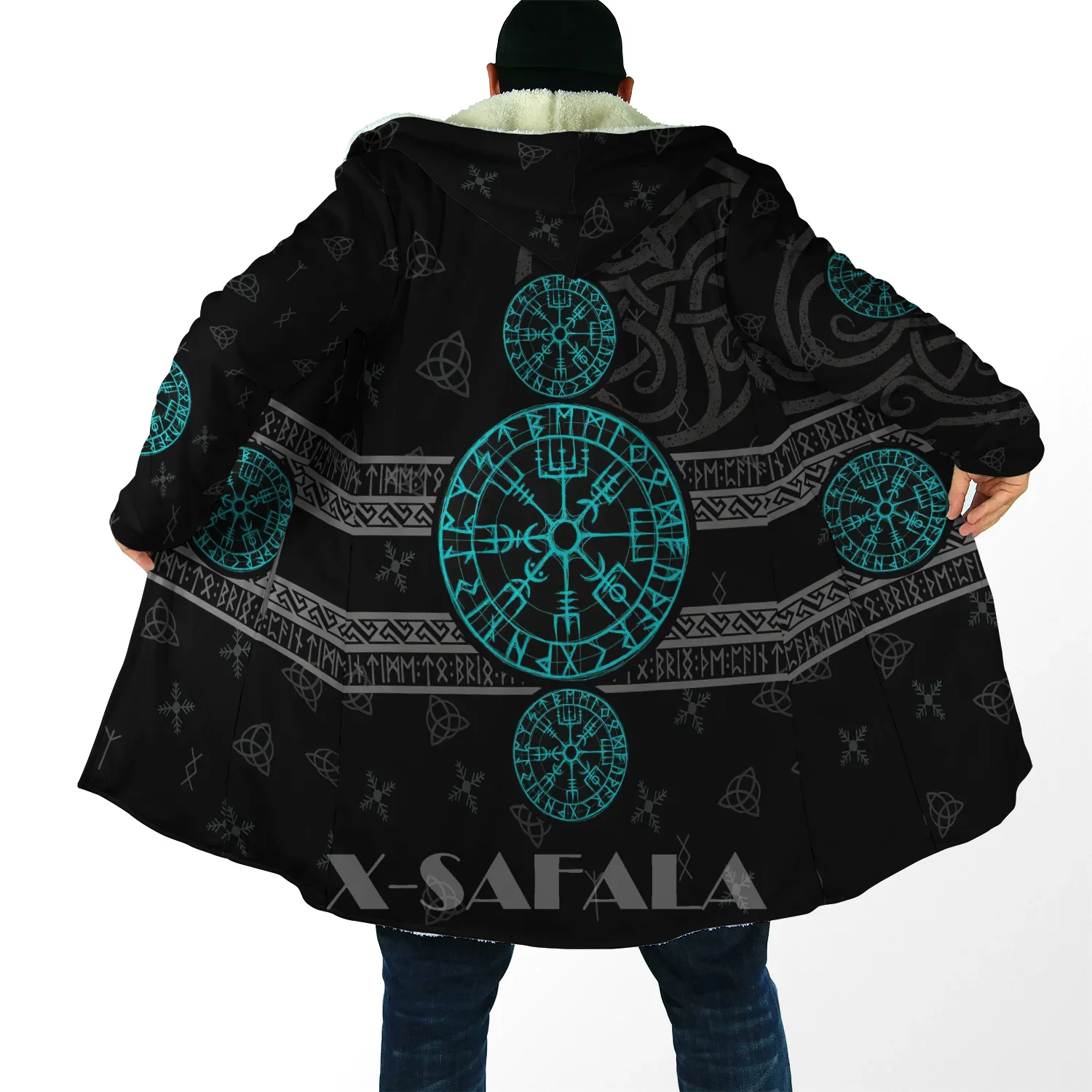 Capa gruesa y cálida con capucha para hombre, abrigo con símbolo de tatuaje vikingo, abrigo con estampado de lana a prueba de viento, informal Unisex, A24