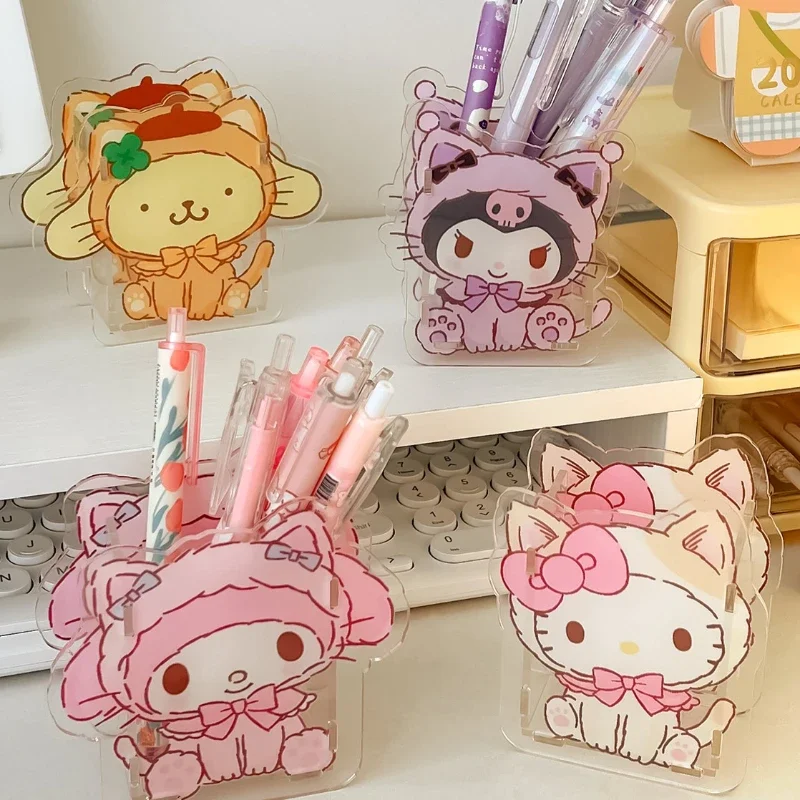Simpatico portapenne in acrilico Sanrio, trasparente, multifunzionale, per desktop, per bambini, scatola portaoggetti per cancelleria di grande capacità