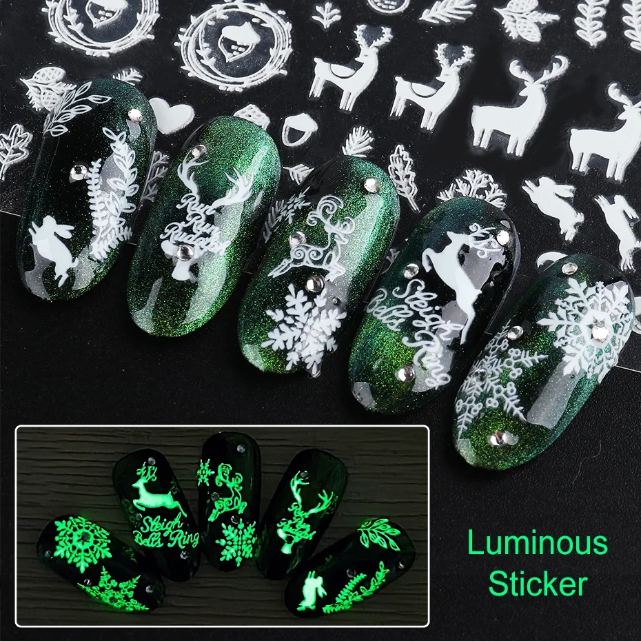 Pegatinas 3D luminosas de Navidad que brillan en la oscuridad, deslizadores de Año Nuevo para vacaciones con copos de nieve de invierno, accesorios artísticos para uñas, calcomanías BESTZY01-18