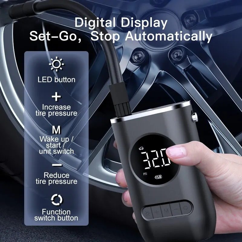 1 Juego de bomba de aire para coche, Mini bomba de neumáticos eléctrica autopropulsada portátil, bomba de carga con pantalla Digital inalámbrica de mano
