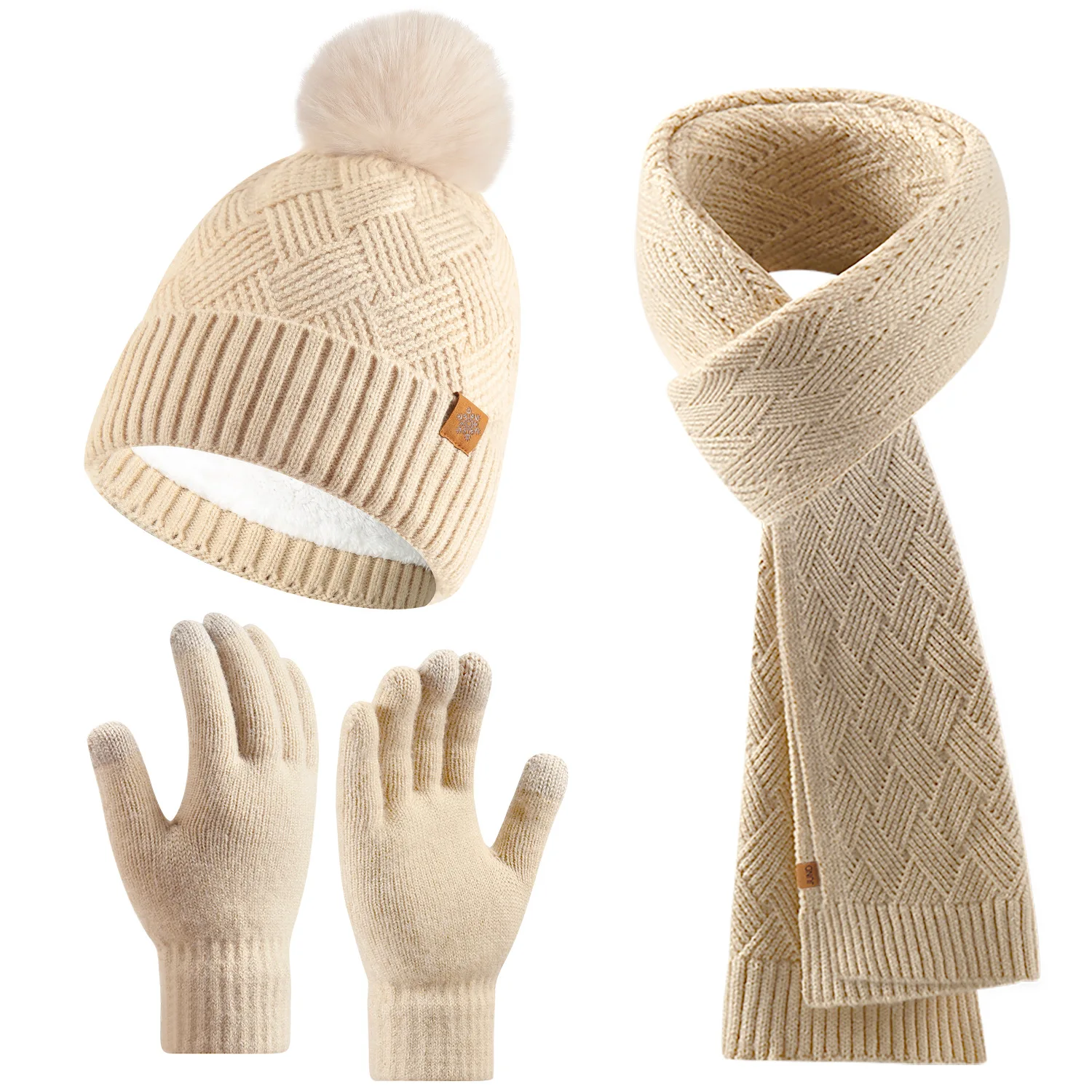 Conjunto de guantes y bufanda de punto para mujer, combinación térmica de invierno de 3 piezas, gorro exterior de doble capa