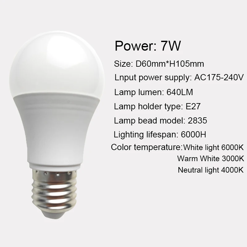Adjustable Color Temperature LED Bulb 2835 Chip E27 Base Indoor Lighting 5W 7W 15W Tunable White Light for Home AC175-240V