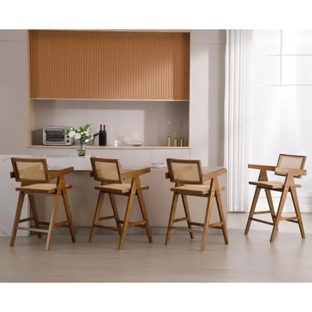 Set of 4 Wooden Farmhouse Barstools with Rattan Woven Back/Arms Kitchen Island Chic Boho Design High-Quality Materials Ultimate