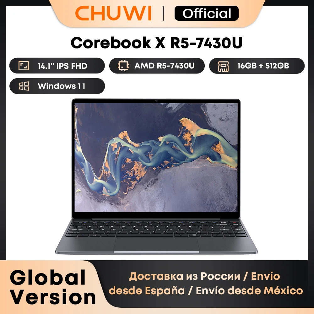 Игровой ноутбук CHUWI CoreBook X AMD R5-7430U, 6 ядер, 14,1-дюймовый FHD IPS-экран, 16 ГБ оперативной памяти DDR4, 512 ГБ SSD, ноутбук с громкой связью до 4,3 ГГц