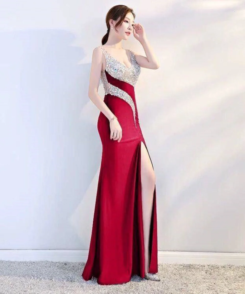 Vestido de noche sin espalda con cuello en V para mujer, sexy, lentejuelas, empalme, tenedor abierto alto, fiesta de graduación, vestidos largos, nuevo