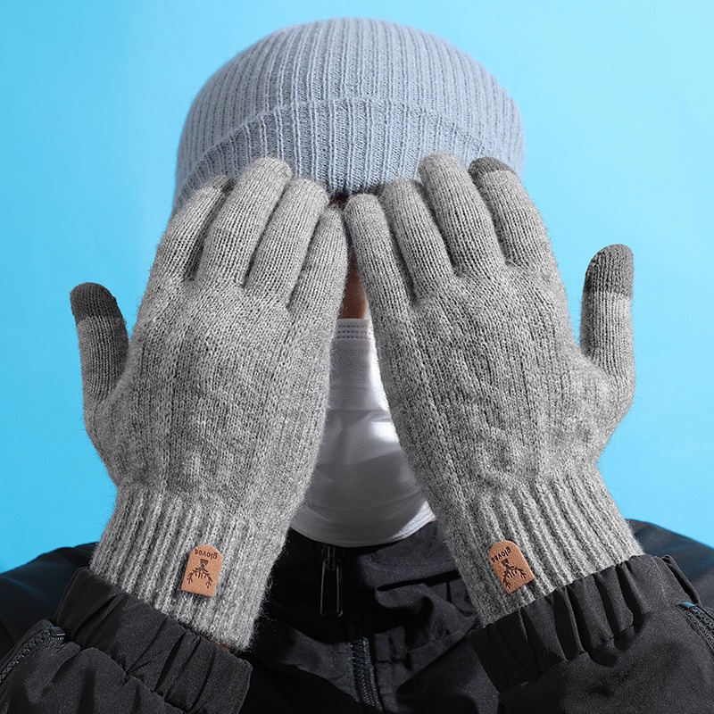 New men's warm gloves for winter touch screen plus velvet thickened cold-proof and warm wool knitted gloves