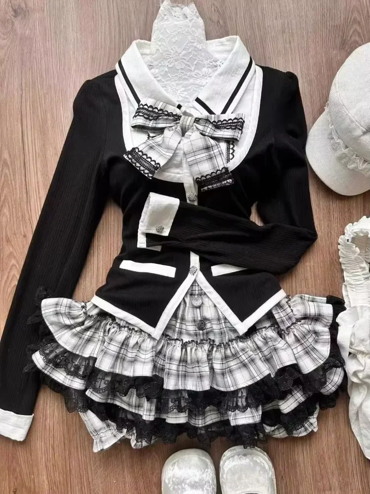 和菓子プレッピースタイルスカートセット女性かわいいレースパッチワークボウトップス + Y2k チェック柄ミニスカートエレガントな衣装 2 点セット