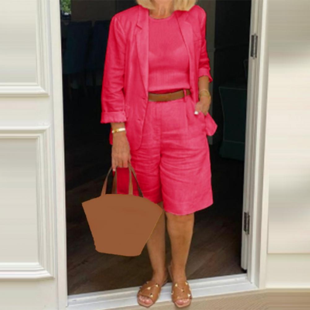 Blazer con temperamento de lino y algodón para mujer, traje con americana, conjunto de 2 piezas, cintura elástica, chaqueta fina para mujer, pantalones cortos, traje de verano