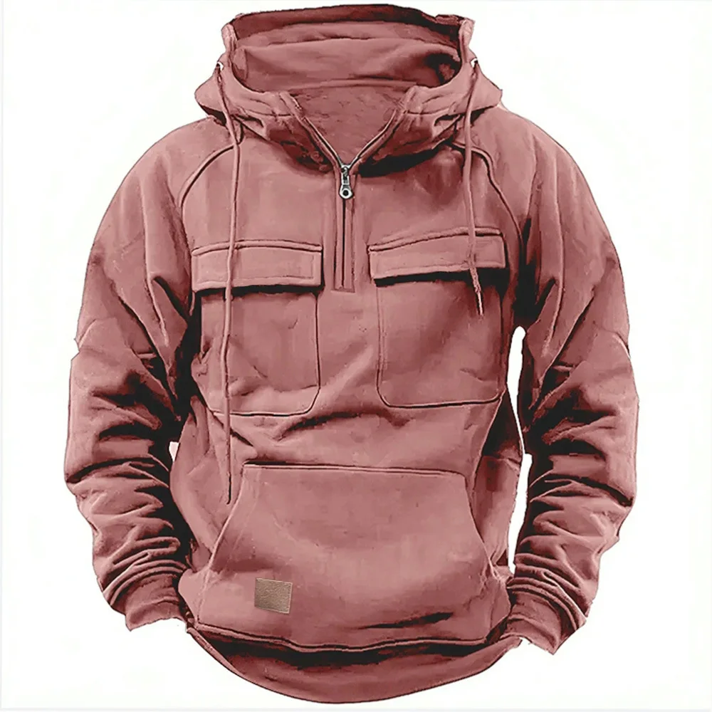 Nueva sudadera con capucha informal de color sólido con capucha para hombre de otoño-invierno, camiseta con capucha y parche multibolsillo a la moda para hombre joven
