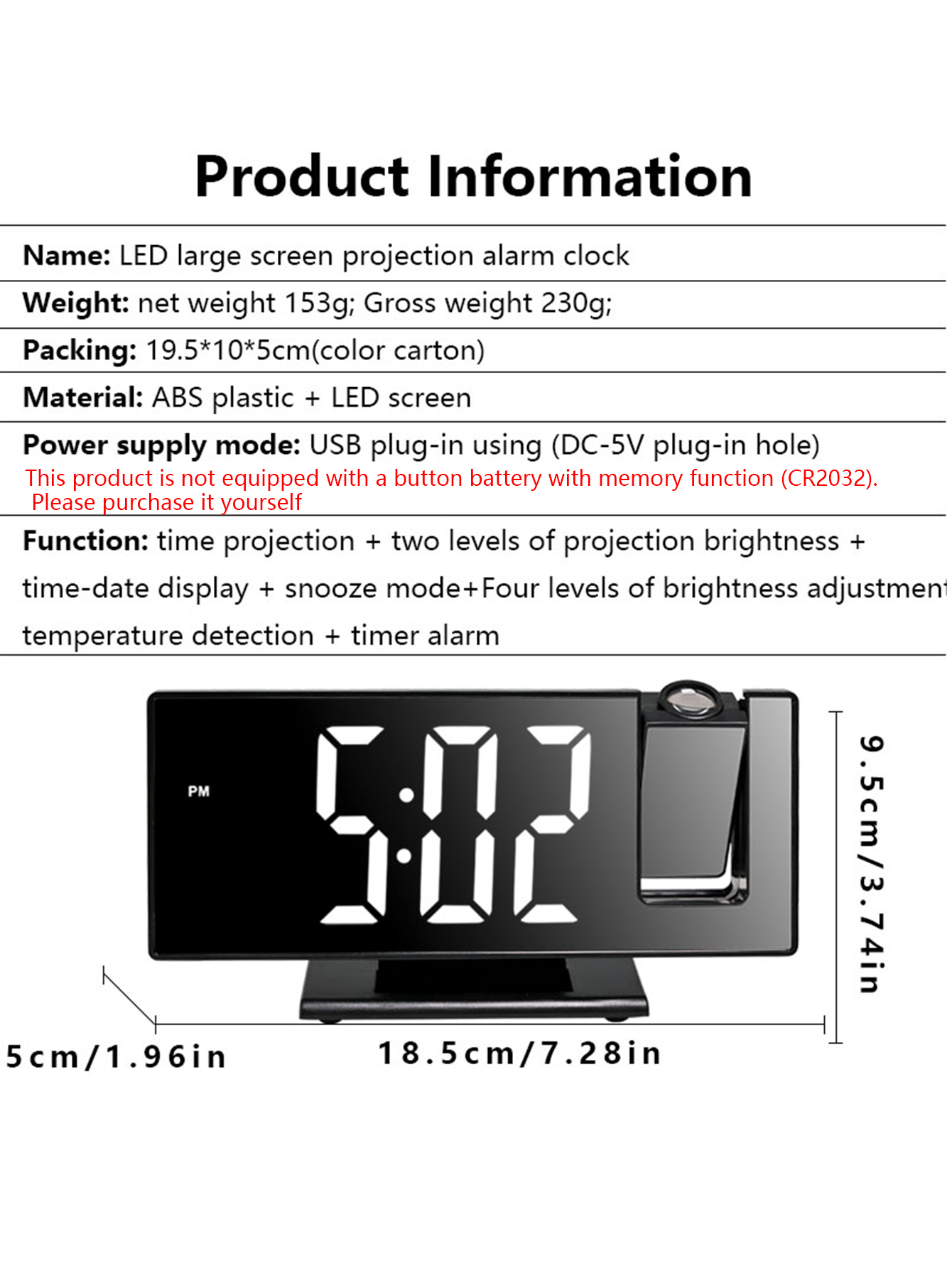 Luminous Silent Multi-function Projection Alarm Clock with Large LED Screen - Perfect for Home and Office Use