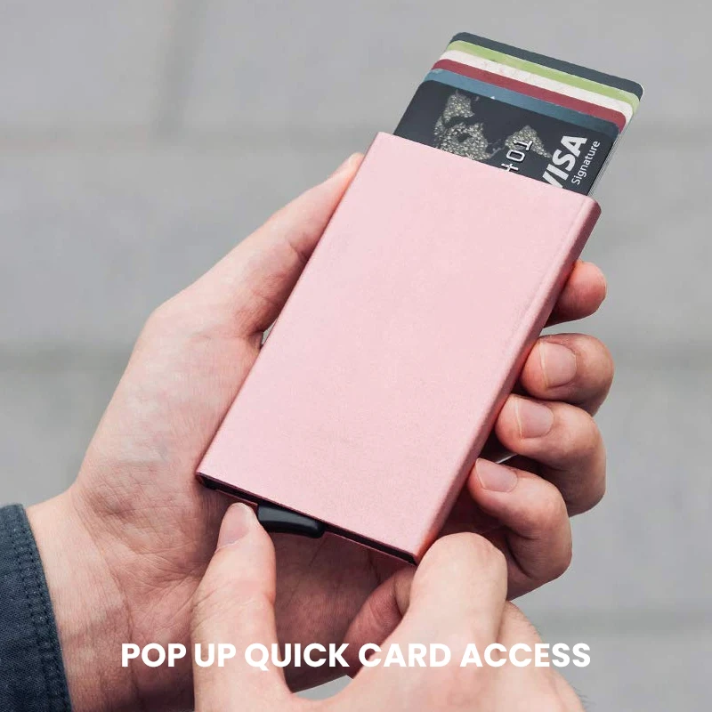 Slim Pop Up กระเป๋าสตางค์ Minimalist ผู้ถือบัตรเครดิตสําหรับผู้ชายผู้หญิง RFID Blocking Mini กรณีโลหะ