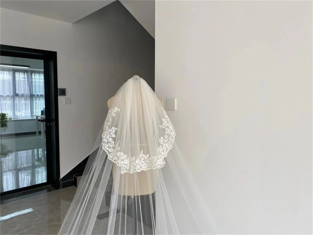 Branco marfim 3m 4m 5m 2 camadas véus de casamento capa rosto renda apliques véu com pente para noiva catedral acessórios de casamento