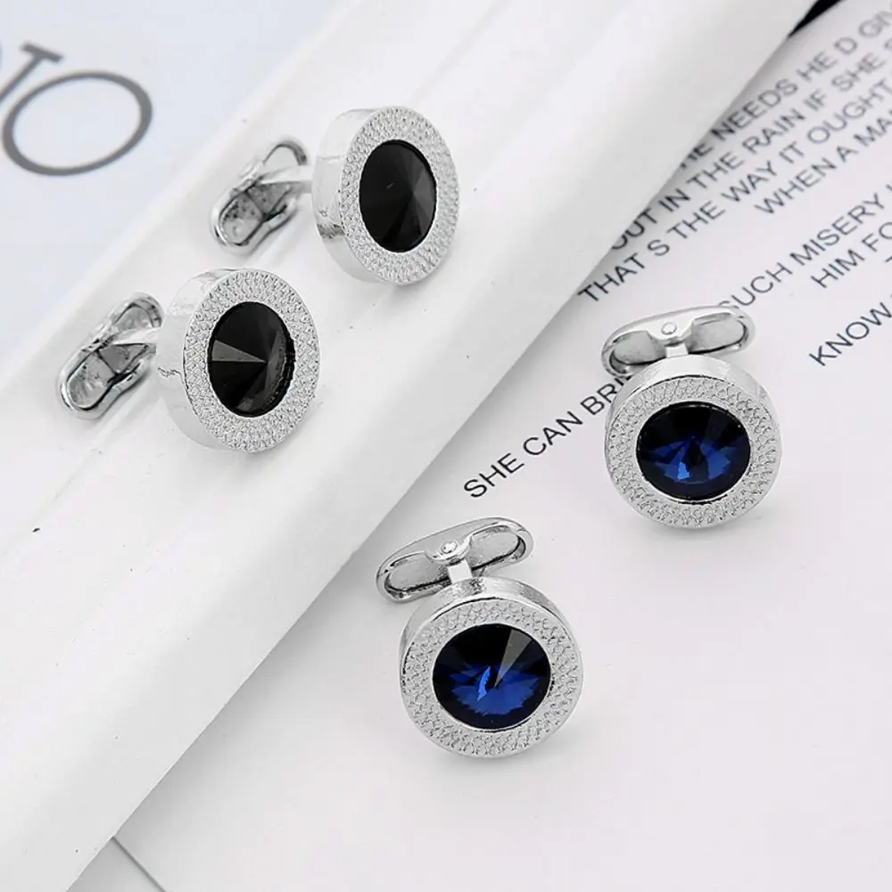 Kancing Manset Paduan Logam Berkualitas Tinggi Berhiaskan Rhinestone Hitam Biru untuk Pria, Gaya Elegan dengan Desain Simpul