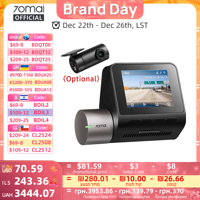 Видеорегистратор 70mai A510 1944P HDR GPS ADAS 4G Connectivity 70mai 4G Передняя камера A510 Автомобильный видеорегистратор 24H Поддержка парковки Задняя камера