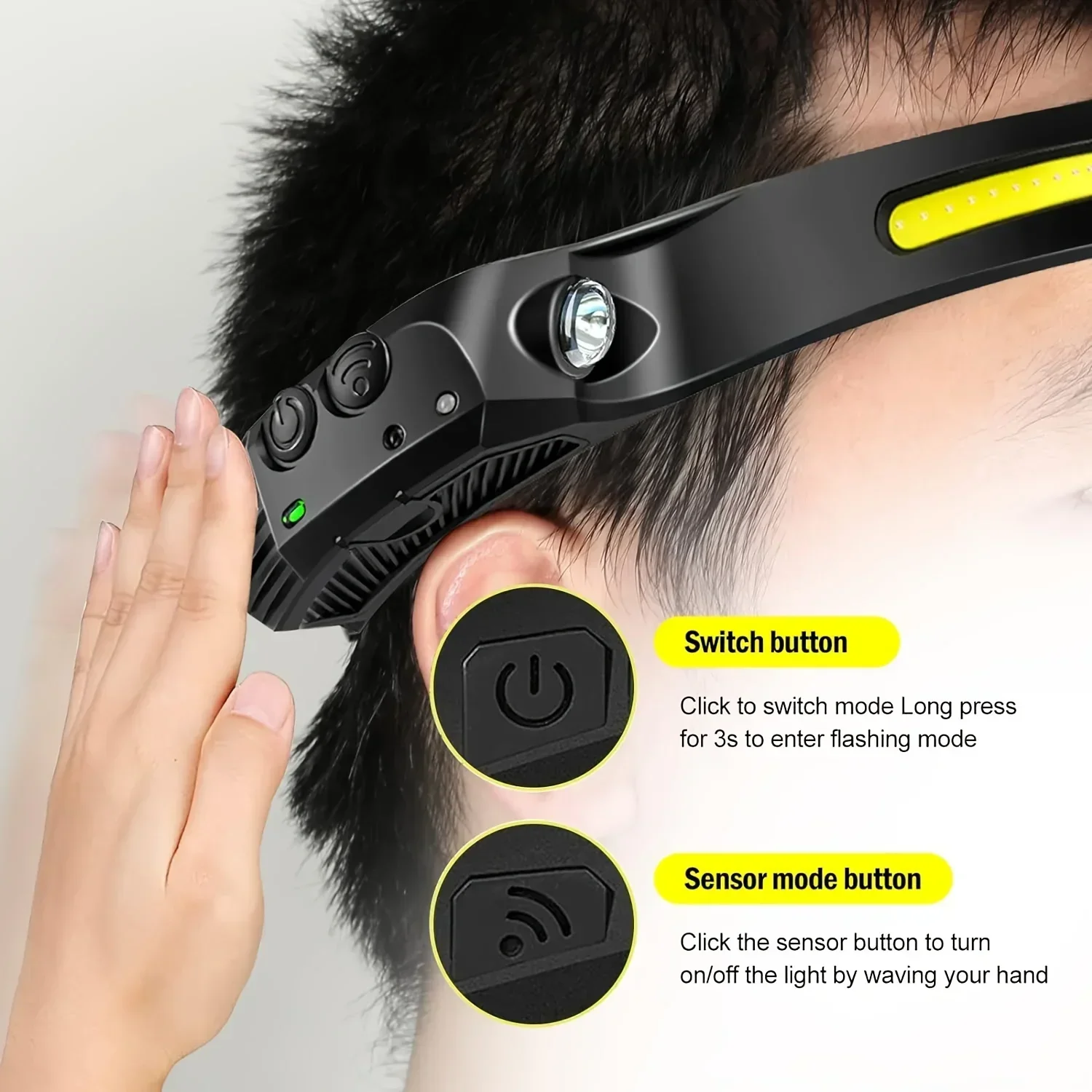 Linterna frontal LED COB de alta potencia con Sensor, batería integrada recargable por USB, 5 modos, resistente al agua, para acampar, correr y pescar