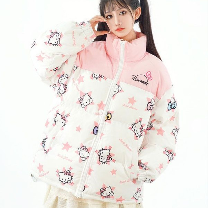 Hallo Kitty Nette Voller Druck Farbe Blockiert Baumwolle Mantel frauen Winter Mode Casual Jacke Koreanische Version Neue Dicke Zipper Mantel