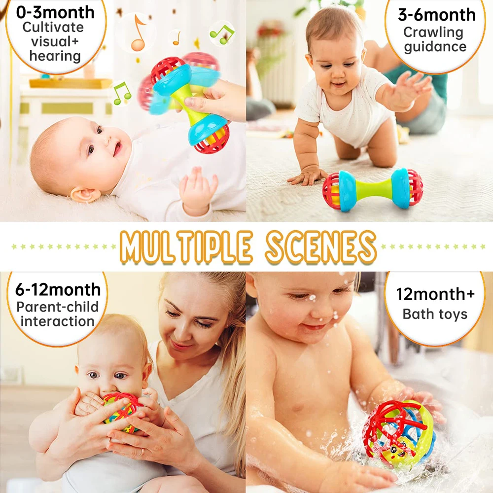 Chocalhos para bebês de 0 a 12 meses, brinquedos educativos para bebês, conjunto giratório sensorial, presente educacional para recém-nascidos, meninos e meninas