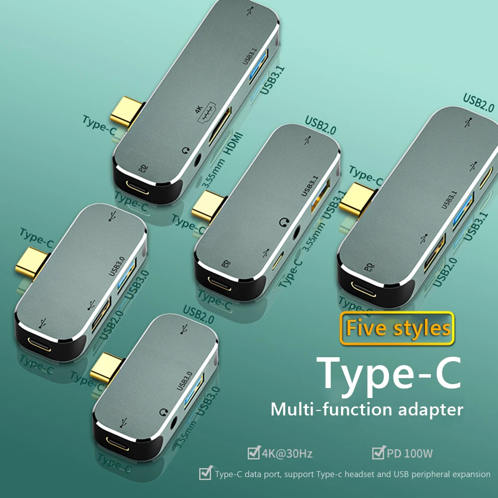Многофункциональный концентратор 6 в 1 Type-C, разъем 3,55 мм, PD100W, USB3.0/USB2.0/USB3.1, совместимый с HDMI USB-разветвитель
