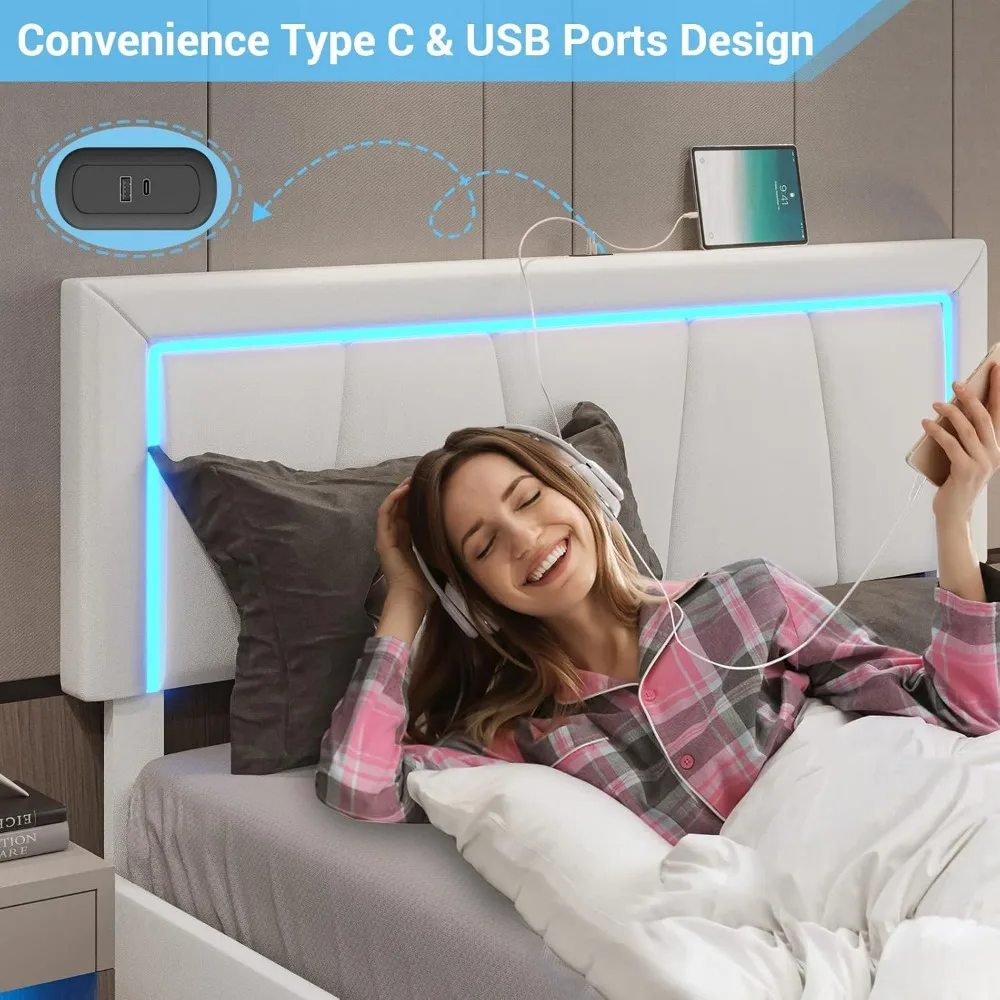 Queen Size Bed Frame with 4 Storage Drawers and LED Lights - Faux Leather Upholstered Platform Bed with USB Ports Adjustable LED