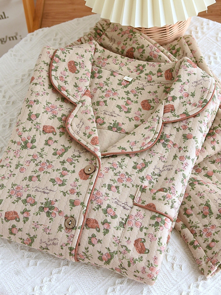 肥厚綿パッド入りエアコットン長袖パジャマセット暖かいホーム服女性のための秋冬ホームレジャー花柄