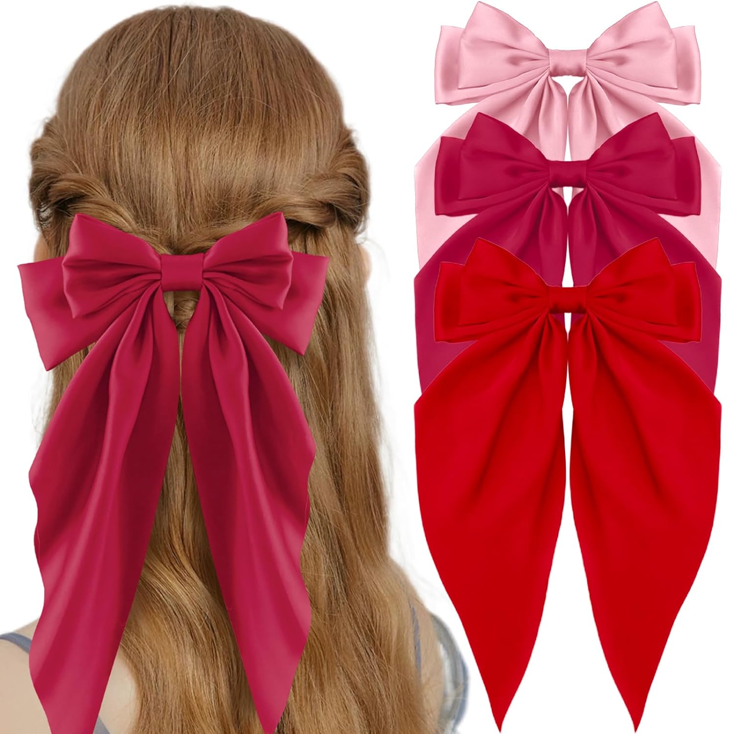3 ชิ้นขนาดใหญ่ Elegant ริบบิ้นโบว์ผมคลิปสําหรับผู้หญิงสีทึบซาตินหางม้า Bowknot Hairpins Barrettes อุปกรณ์เสริมผม