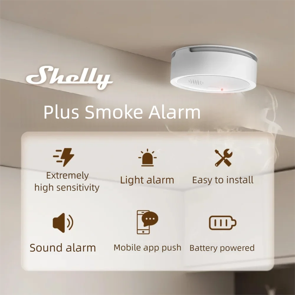 Shelly Plus Smoke Alarm Wi-Fi สมาร์ท Photoelectric Smoke Alarm มีประสิทธิภาพตรวจจับช้ายิงที่ตัวบ่งชี้ LED Ioud นาฬิกาปลุก
