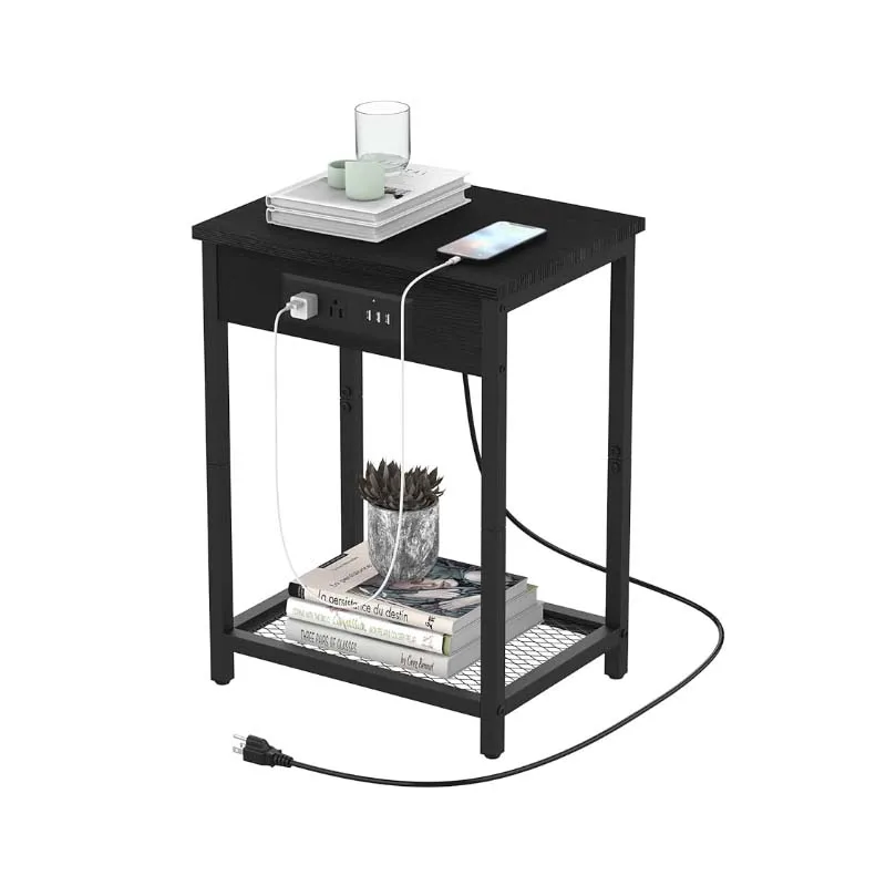 Nightstand with Charging Station Bedroom End Side Table with USB Ports  outlets Modern Record Player Stand 2-Tier Bedside Table