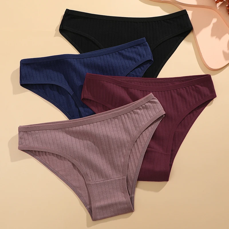 FINETOO 3 PZ/SET Mutandine di Cotone da Donna Mutande a Righe Morbide Slip Sexy di Colore Solido Femminile Comodo Stretch Lingerie M-XL