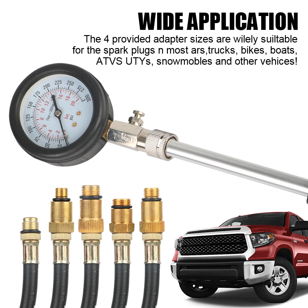 Medidor de compresión de motor de gasolina, manómetro de 0-300 PSI con adaptador M10 M12 M14 M18, Kit de prueba de cilindro automotriz