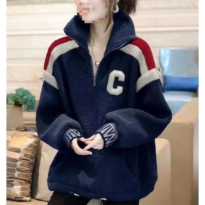 Ropa Deportiva de imitación de cordero para mujer, sudaderas de felpa, suéter superior cálido, Jersey Retro, abrigo suelto, moda de otoño e invierno
