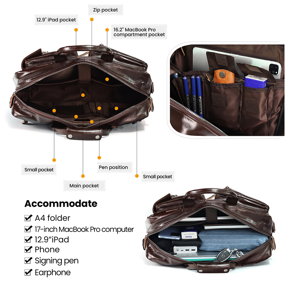 Genuine Leather Briefcase for Men Messenger Bag Multifunction Purpose 17.3" Laptop Backpack High Capacity Travel Rucksack