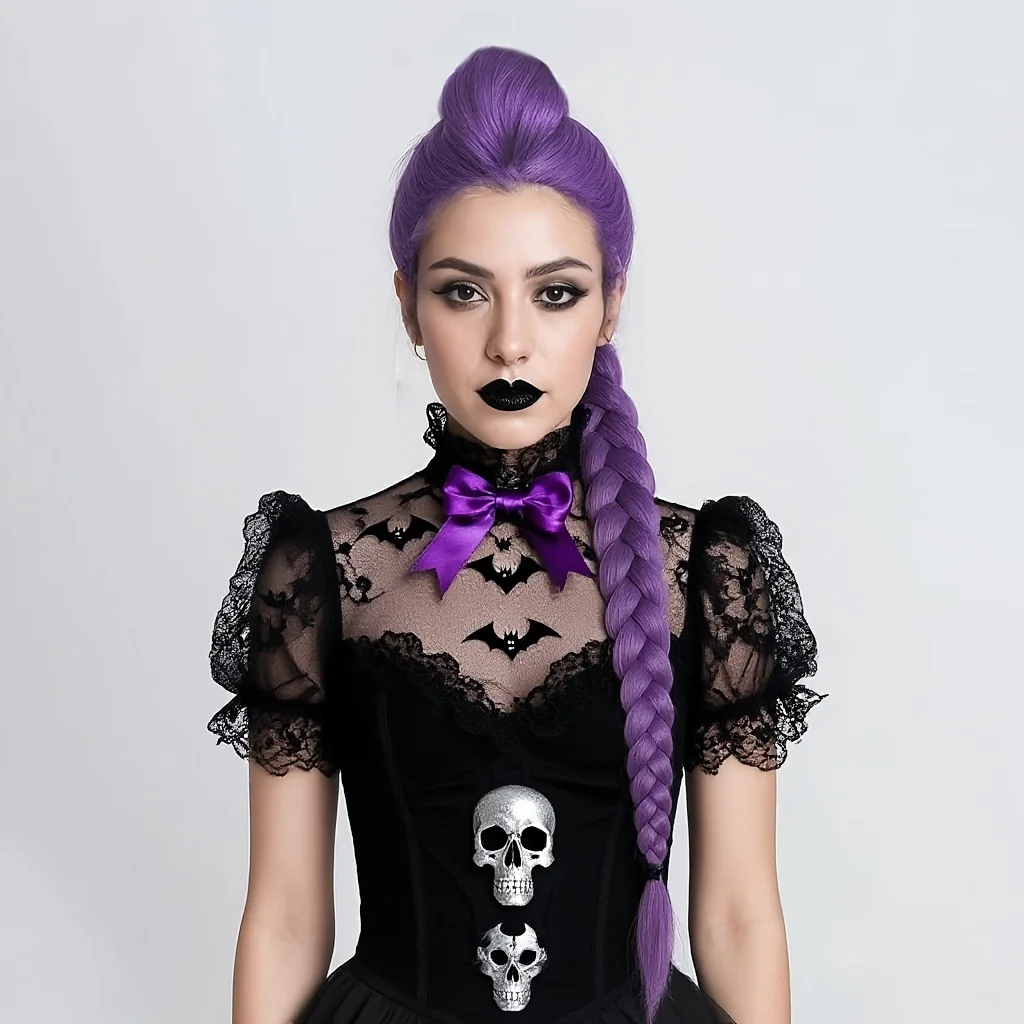 Syntetyczna długa fioletowa peruka z pojedynczym warkoczem do cosplayu anime, na imprezy tematyczne i do fotografii – odpowiednia dla entuzjastów cosplayu